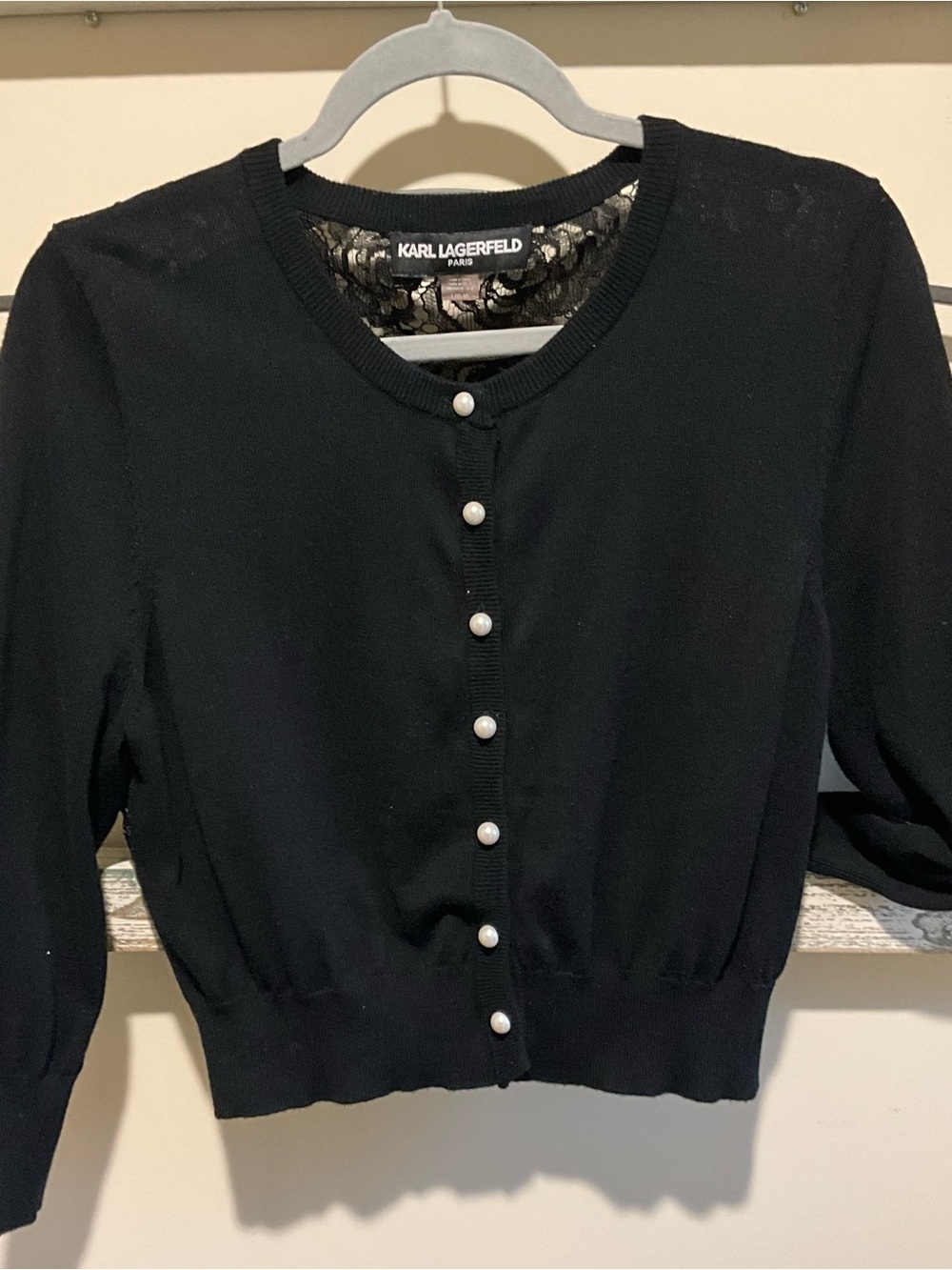 Karl Lagerfeld Black Cropped Knit Cardigan with Pearl Buttons